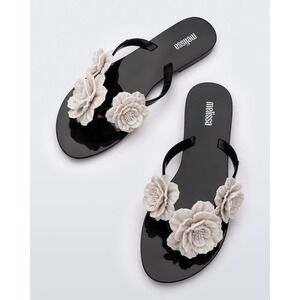 MELISSA Womens Harmonic Springtime Flip Flop Sandals Size 9 Flower Vegan Black